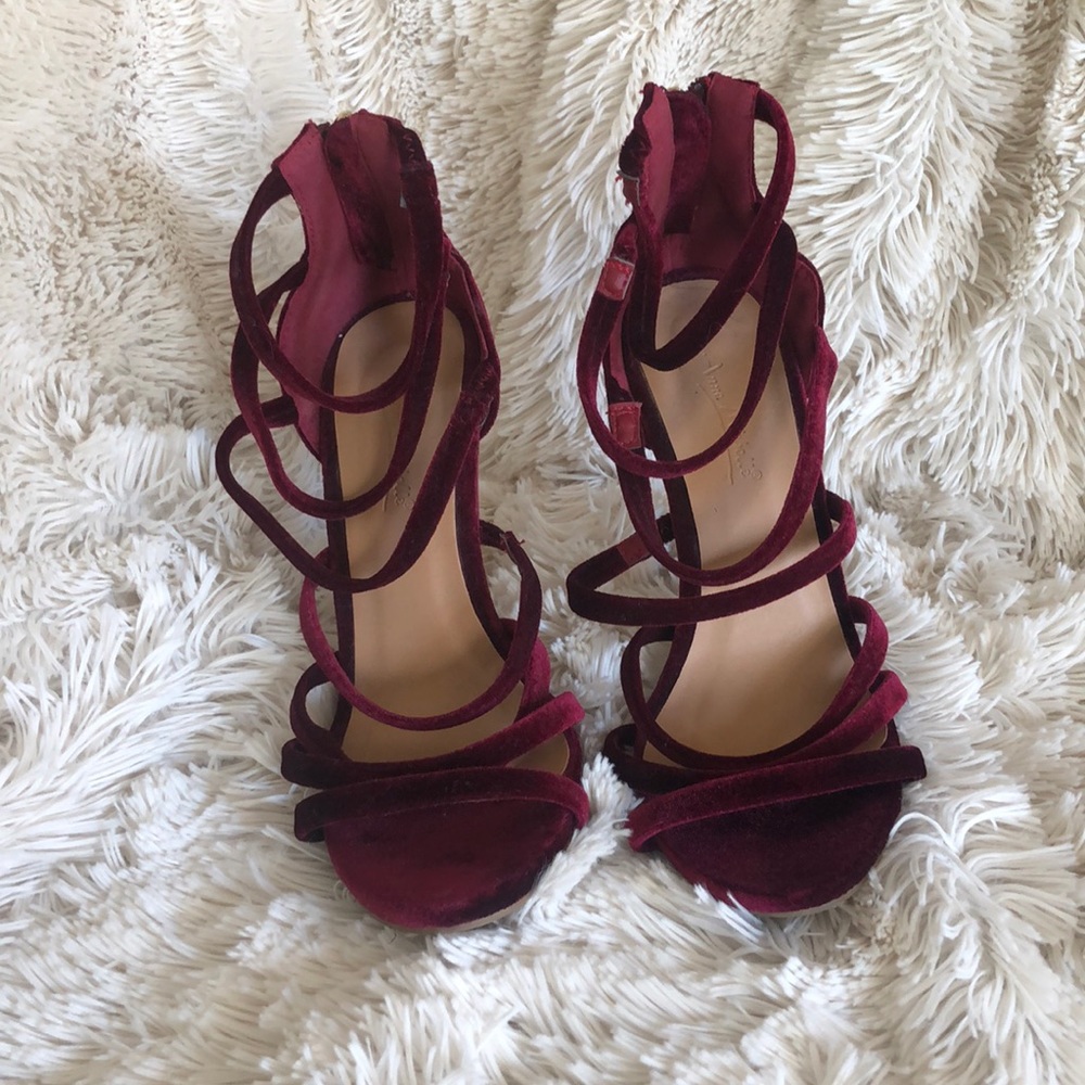 Burgundy strappy velvet heels